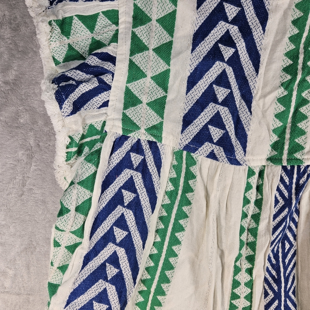 THML Flutter Fringe Sleeve Square Neck Chevron Print Blue Green Dress Size M - Picture 7 of 14